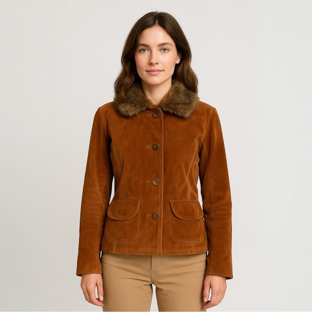 Vintage Alfani Tan Suede Faux Fur Collar Jacket sz XL